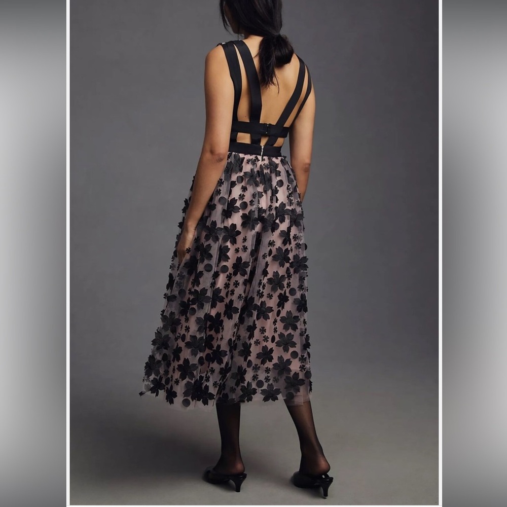 Anthropologie Black Floral Appliqué Plunge Midi Dress in Blush - Picture 2 of 7